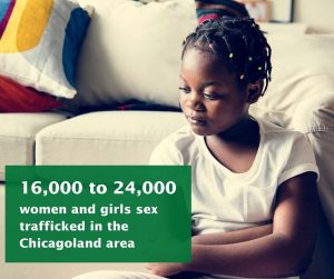 A sad little girl sits on the floor in front of a couch. The statistic on the mage reads "women and girls sex trafficked in the Chicagoland area."