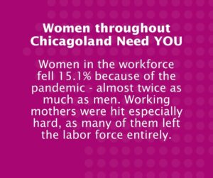 Text on a pink background that says: Women throughout Chicagoland Need YOU. Women in the workforce fell 15.1% because of the pandemic - almost twice as much as men. Working mothers were hit especially hard, as many of them left the labor force entirely.