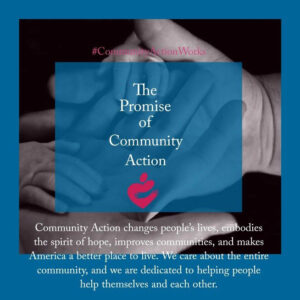 Picture of different generation hands with a superimposed text that reads The Promise of Community Action