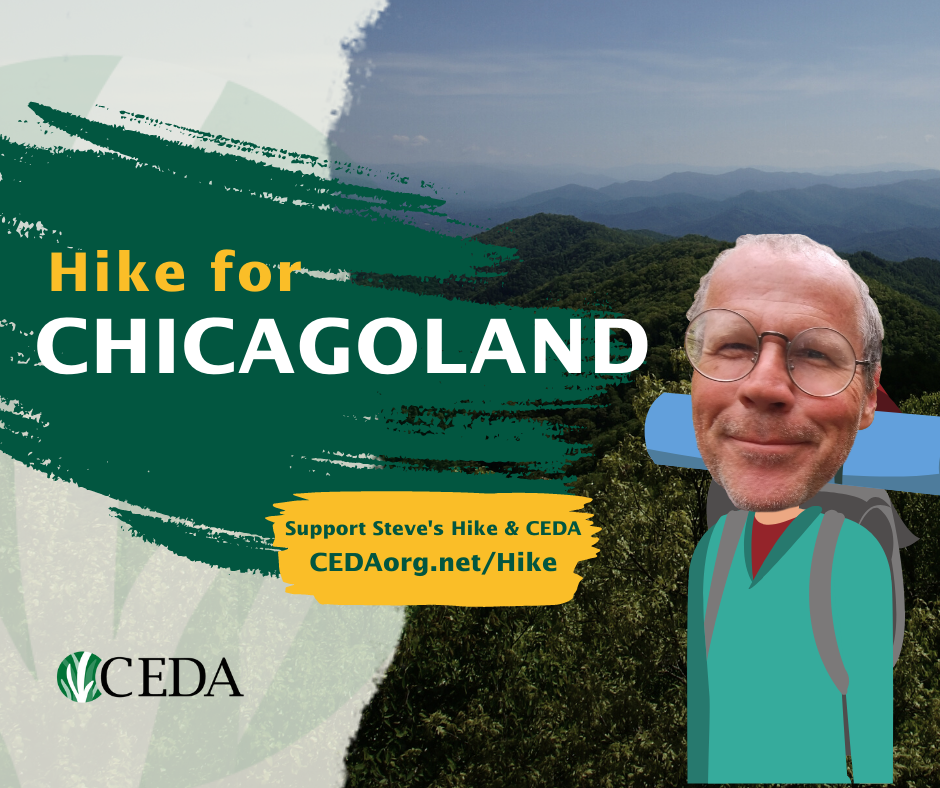 Hike for Chicagoland, image featuring Steve's head on a cartoon hiker's body